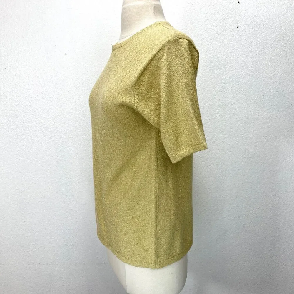 Vintage Y2K Yarnworks Gold Metallic Sweater Small Knit Short Sleeve Pullover